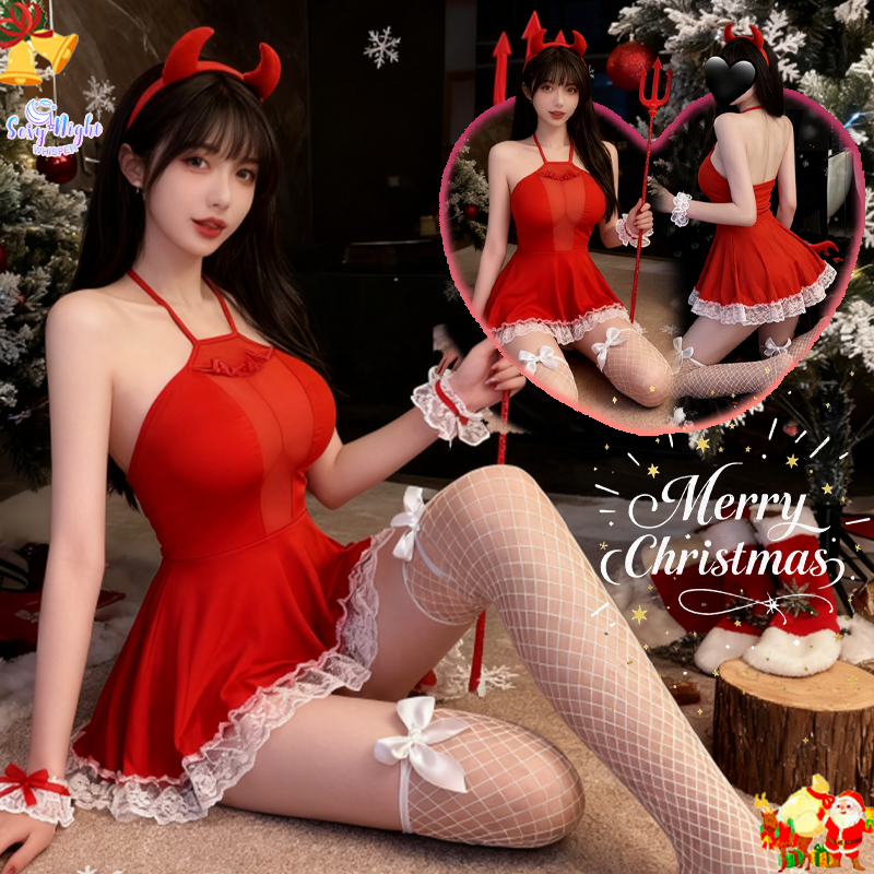 ชุดเดรสเซ็กซี่💞💞ชุดคริสต์มาส sexy ชุดฮาโลวีน ชุดปีศาจน้อย คอสเพลย์ สีแดง ลูกไม้ ผูกคอ ห้อยคอ เว้าหลัง ส่งไวจากไทย
