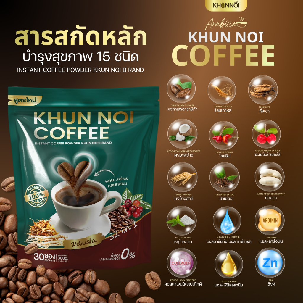 KHUNNOI กาแฟ 3 in 1 แบรนด์คุณน้อยถั่งเช่าคอลเจน สารสกัด 15 ชนิด (ไม่มีน้ำตาล) ชงดื่มวันละ 1 ซอง - รูปที่ 7