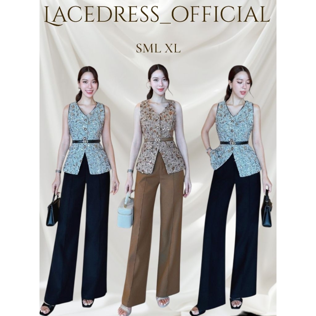 Lover ●ชุดเซ็ตเสื้อแขนกุดปักกลิตเตอร์+กางเกงขาว
