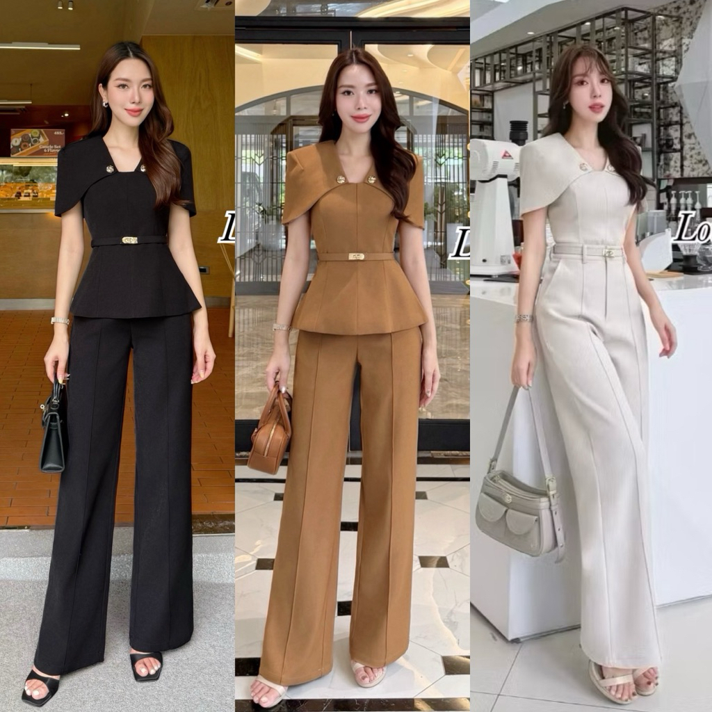 พร้อมส่ง•Lover’s Shop•Set เสื้อดีเทลคลุมไหล่+กางเกงขายาวทรงเอวสูง พร้อมเข็มขัด สวยยกเซ็ทค้า