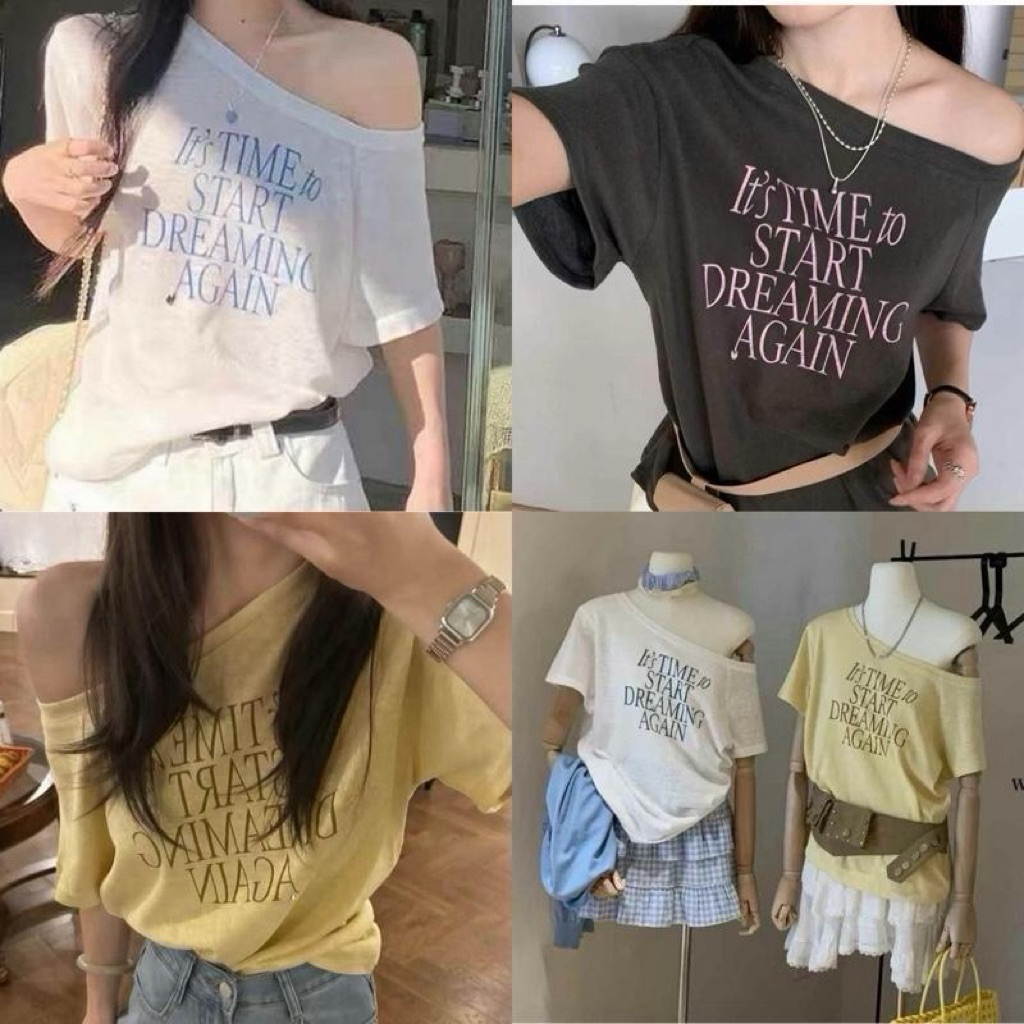 *พร้อมส่ง*BY0234 เสื้อยืดปาดไหล่ผ้ากึ่งซีทรูลายสกรีน ผ้านุ่ม benly co