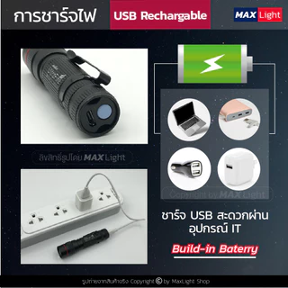 MaxLight ไฟฉาย ไฟฉายพกพา เล็กกะทัดรัด (ไฟ 3 ระดับ-มีไฟกระพริบ-Zoomได้) (รุ่น W10) ชาร์จ USBได้ สินค้าเกรดA รูปทรงสวย