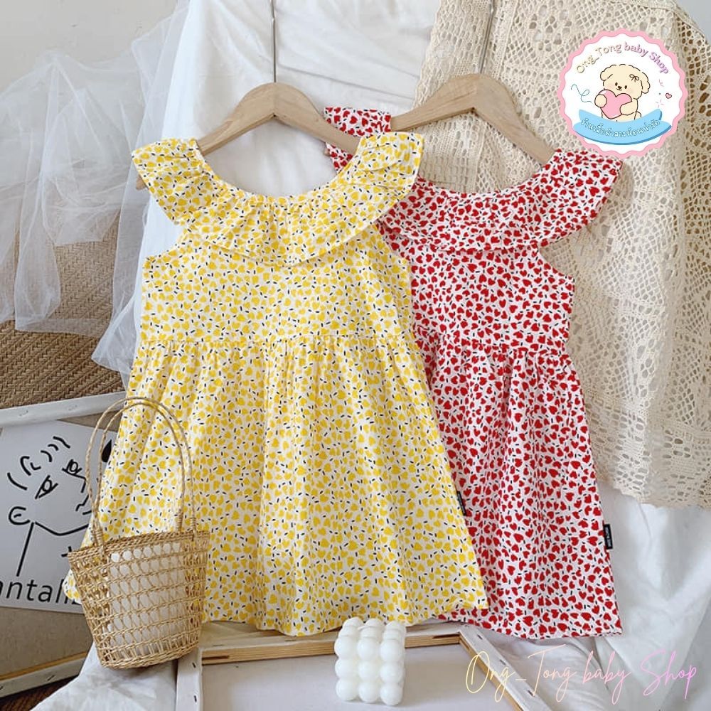 ส่งจากไทย ชุดเดรสเด็กผู้หญิงมีไซส์ 90-140 ลายจุดหัวใจ มี2 สีให้เลือก A16