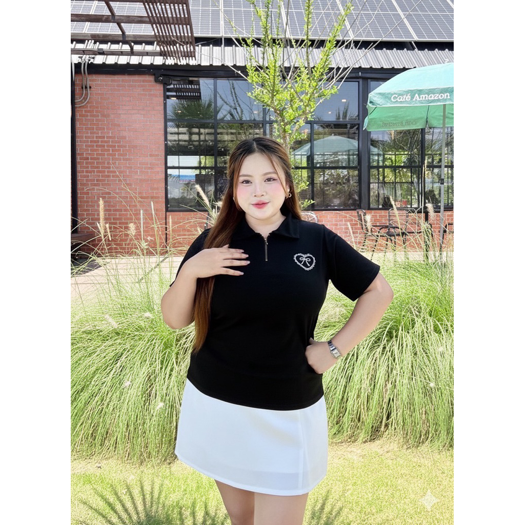 เสื้อคอปกแต่งซิปปักโบว์หัวใจสวยๆ มี2 ไซต์สาวอวบ ผ้าคอตตอนยูนิโคลยืดเยอะ