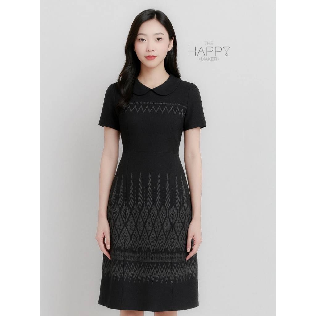 เดรสผ้าไทย ชุดทำงานผ้าไทยผ้าฝ้ายพิมพ์ลายคอปกบัวสีดำ