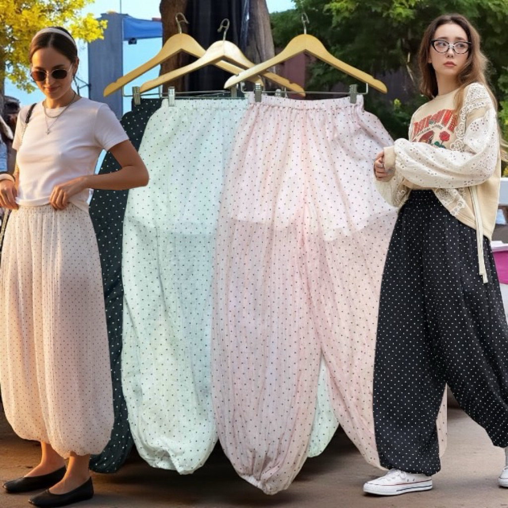 พร้อมส่ง 🛵 กางเกงจินนี่ลายจุด ผ้าอัดยับ ใส่สบายสวยมาก ห้ามพลาด