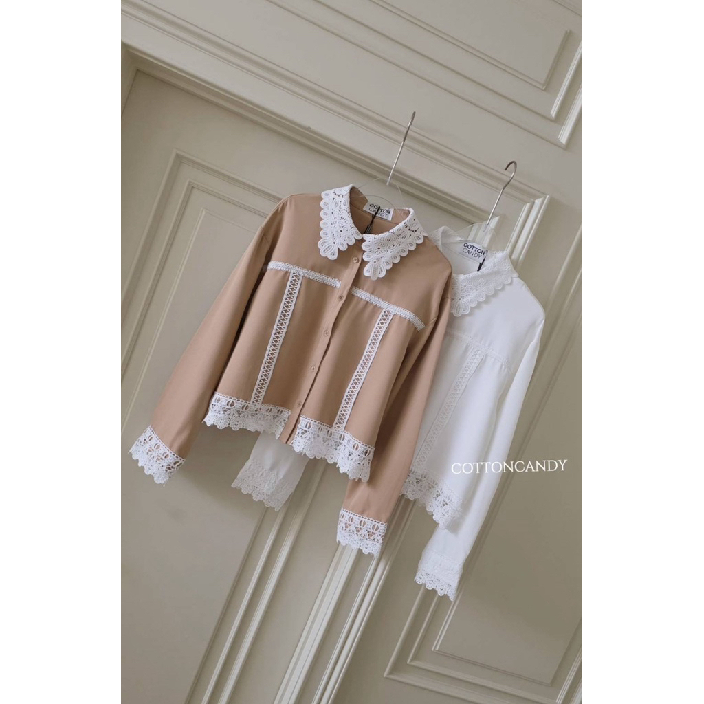 #Cotton Candy 🍭 เสื้อเชิ้ตดีเทลแต่งลูกไม้ฉลุ น้ำตาล/ขาว