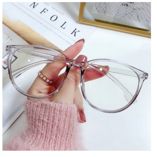 แว่นตา แว่นกรองแสงสีฟ้าทรงกลมวินเทจ-กรอบสีเทา กรอบเรียบง่ายขนาดใหญ่สําหรับผู้หญิง