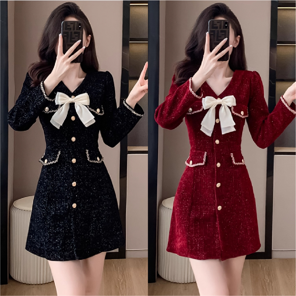 [พร้อมส่ง] ชุดเดรส เรียบหรู ผ้าลูกฟูก แต่งกระดุม แขนยาว เข็มกลัดโบว์