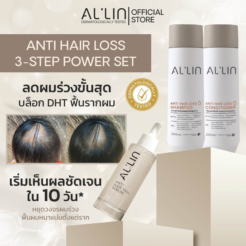เซ็ทสุดคุ้ม ออลิน เซรั่ม แชมพู ครีมนวด ผมลดผมร่วง Anti Hair Loss  Serum Shampoo Conditioner