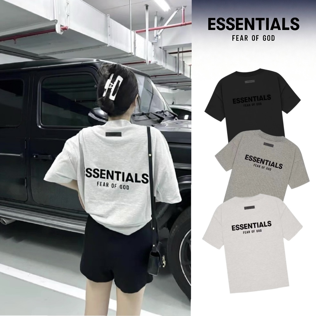 [ Ready To Ship ] FEAR OF GOD ESSENTIALS T-Shirt SS22 เสื้อฮู้ด Logo กำมะหยี่ โอเวอร์ไซส์ สำหรับคู่รัก
