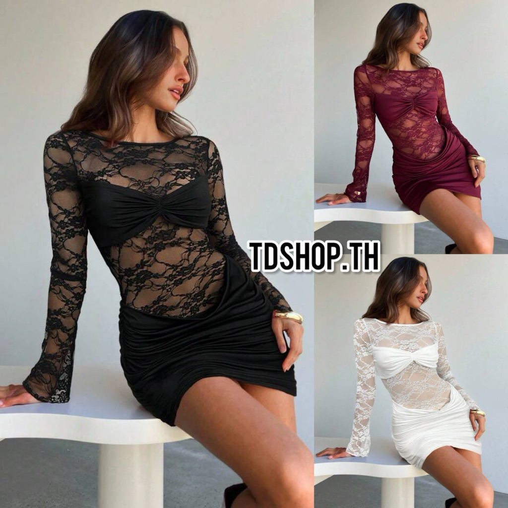 ✅PRE-ORDER 7-10 วัน✅ Aloruh ชุดเดรสสั้นลูกไม้ แขนยาว เปิดหลัง เซ็กซี่สำหรับผู้หญิง ✨งานป้ายชีอิน 🔖