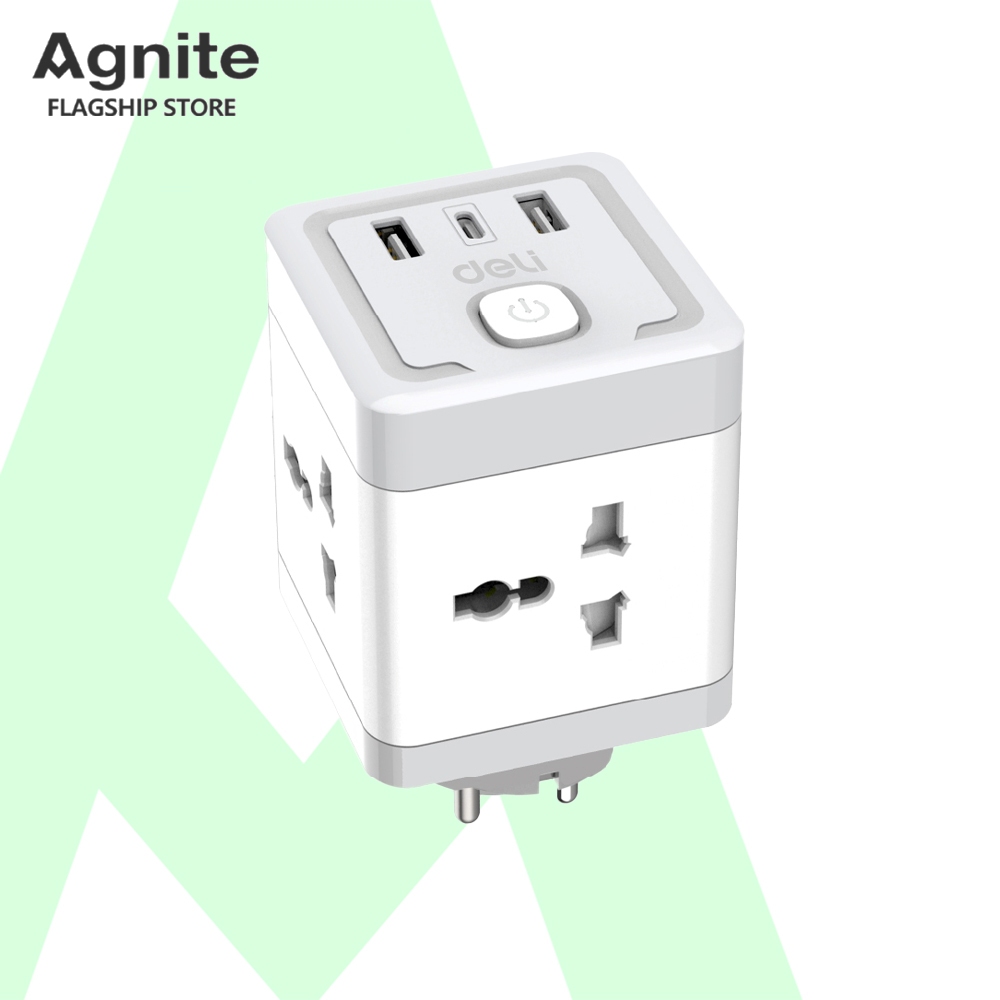 Agnite ปลั๊กแปลง ปลั๊กไฟอแดป์เตอร์ 3in1 ปลั๊กสามตา 4ช่อง พร้อม USB Type-C  Socket USB Adapter