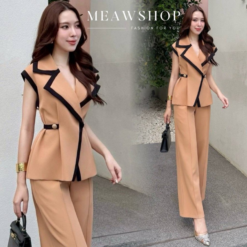 S-2XL Set เสื้อแขนกุดคอปก +กางเกงขายาว ทรงสวย ootd ชุดทำงานผู้หญิง ชุดออกงาน ชุดไปงาน ชุดไปวัด ชุดไป