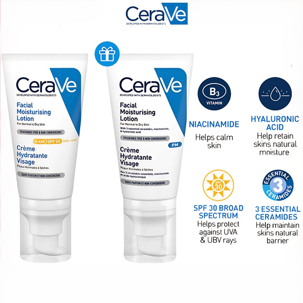 CeraVe ຊຸດດູແລຜິວໜ້າ Daily Skincare: AM SPF50 + PM ໂລຊັ່ນບຳລຸງຜິວຫນ້າ Ceramides (52ml x2)