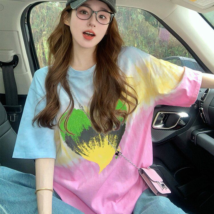 เสื้อยืดมัดย้อมสวยๆผู้หญิงฤดูร้อนใหม่ Oversize เสื้อผ้าสาวอวบไซส์ใหญ่ แฟชั่นเกาหลี เสื้อโอเวอร์ไซส์คนอวบทรงหลวมน่ารักๆ รูปที่ 2
