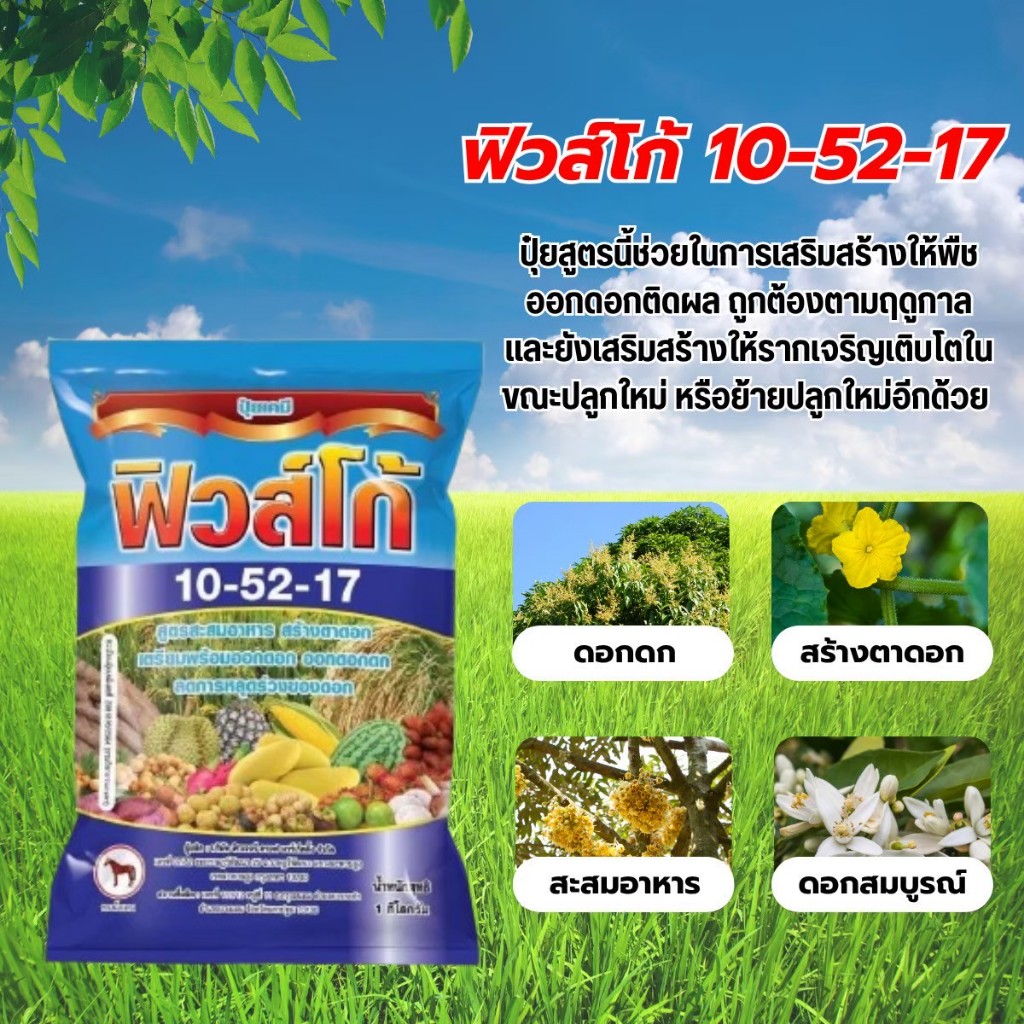 10-52-17 ปุ๋ยเกล็ด ฟิวส์โก้ ตราม้าแดง ขนาด 1 กก.เพิ่มความสมบูรณ์ของดอก