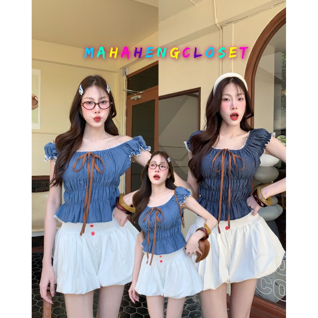 💰MahahengCloset💰เสื้อครอป สียีนส์ ดีเทลหวานแต่งลูกไม้ แขนตุ๊กตาแต่งโบว์หน้า งานน่ารักเกาหลีเกาใจ 🌸