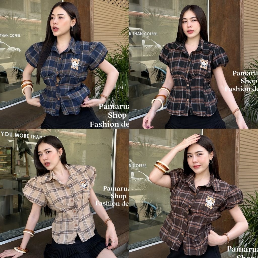 เสื้อครอบแขนตุ๊กตาผ้าลายสก็อตบรัชขนปักน้องแมวมีเชือกกุ้นผูกเอว