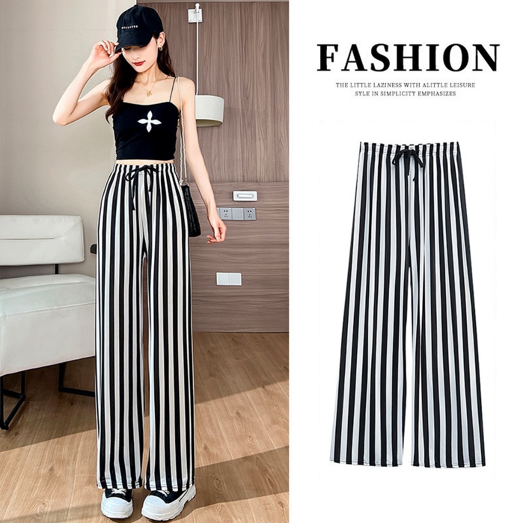 Casual stripe pants กางเกงยาว womenwear กางเกงพริ้ว straight กางเกงสบายๆ เอวสูง ผู้หญิง กางเกง