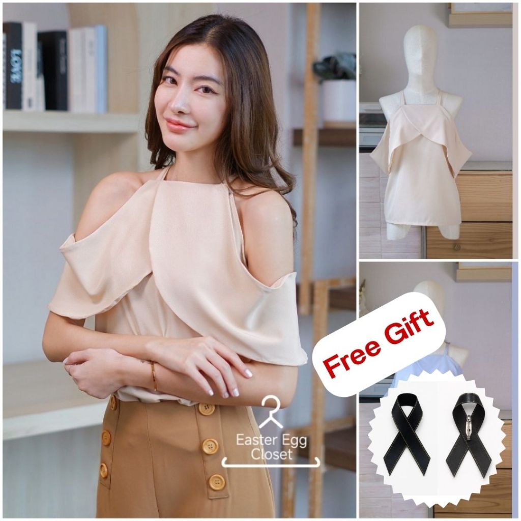 A03 เสื้อเปิดไหล่ มีสายเดี่ยว น่ารักมากๆ งานระบายไขว้ดูผู้ดีสุดๆ เนื้อผ้านุ่ม Easter Egg