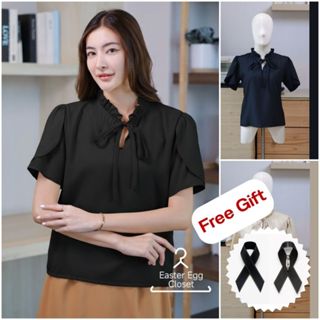 A30 เสื้อทำงานผู้หญิง เสื้อคอจีบ แต่งเชือกผูกด้านหน้า เพิ่มค…