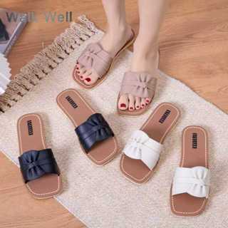 Walk Well รองเท้าแตะผู้หญิงหัวเหลี่ยมโบว์สุดหรู วัสดุ PCU นุ…