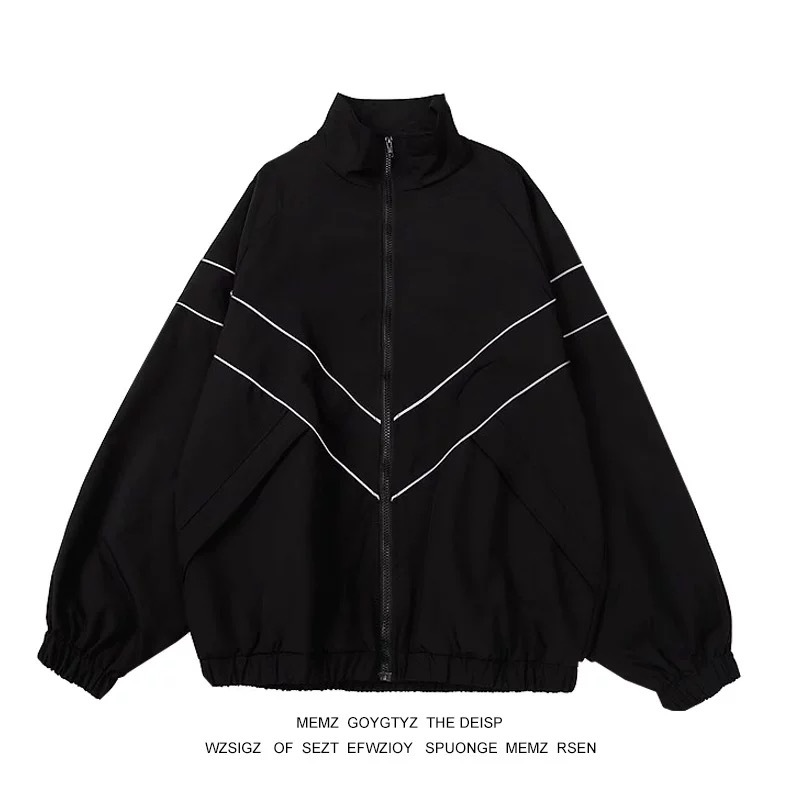 เสื้อแจ็คเก็ตผู้ชายสีน้ำเงินคลาสสิก คอตั้ง สไตล์เรโทร ทรงหลวม สไตล์สตรีท ใส่ได้ทั้งชายหญิง ลำลอง ทรงหลวม ป้องกันลม