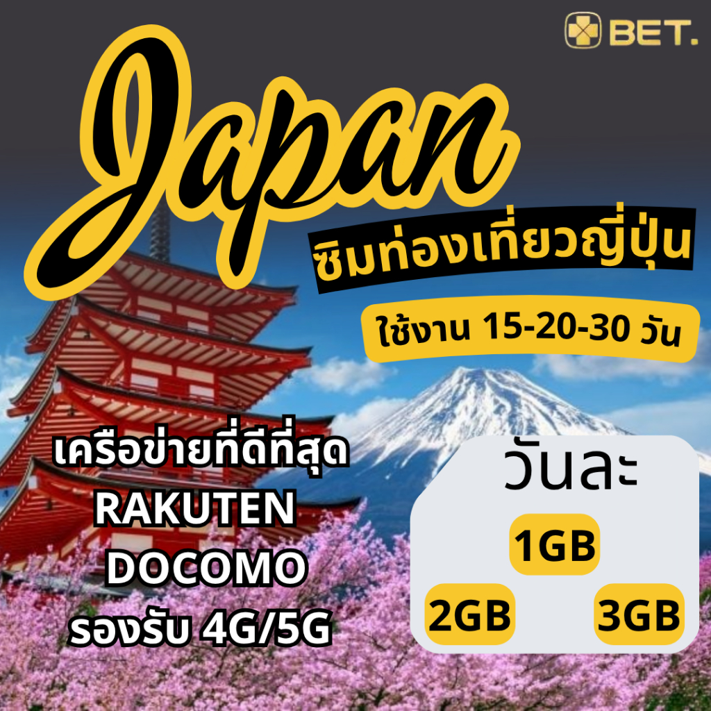Japan Sim ซิมญี่ปุ่น  Rakuten/Docomo 4G/5G เน็ตเต็มสปีด เริ่มต้นวันละ 1GB-3GB ใช้งาน 15 - 30 วัน