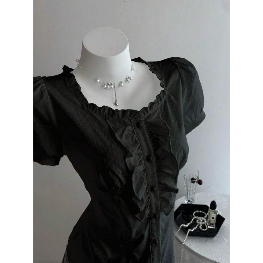 เสื้อเชิ้ตแขนตุ๊กตา โทนขาวดำ แต่งระบายหน้า มาใหม่ งานตามหา รุ่นขายดี - รูปที่ 4