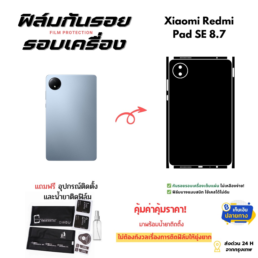 ฟิล์มกันรอยด้านหลังและขอบข้าง Xiaomi Redmi Pad SE 8.7" | ฟิล์มบางเฉียบไม่อมความร