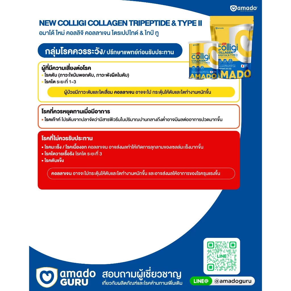 NEW! AMADO COLLIGI COLLAGEN - สูตรใหม่ คอลลิจิ คอลลาเจน ไตรเปปไทด์ แอนด์ ไทป์ ทู (ขนาด 300 กรัม) thumbnail 9
