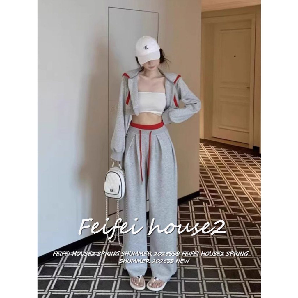 [Casual hooded coat and long pant suit]เสื้อโค้ทสปอร์ตลำลองสไตล์สตรีทฤดูร้อนและกางเกงขากว้างเอวสูง