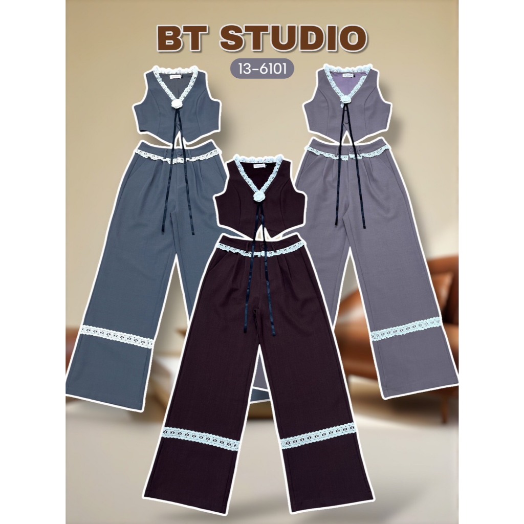 BT 13-6101 เซท 3 ชิ้น แขนกุด ช่วงคอแต่งผ้าลูกไม้ติดดอกกุหลาบแมทซ์กับกางเกงขายาว