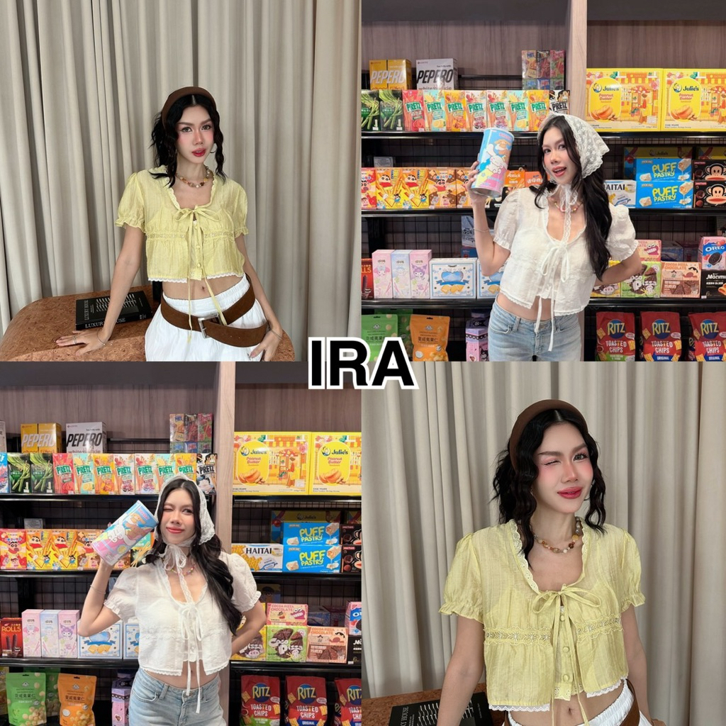BY IRA เสื้อครอปแขนตุ๊กตาผูกหน้าสองชั้นตัดขอบลูกไม้รอบตัว ผ้าโรซี่ผ้าบาง – โปรปัง