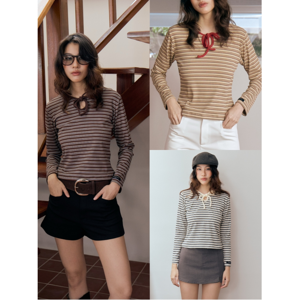 BXB - Dottie Stripe Top เสื้อแขนยาวลายทางผูกโบว์ /ส่งด่วน