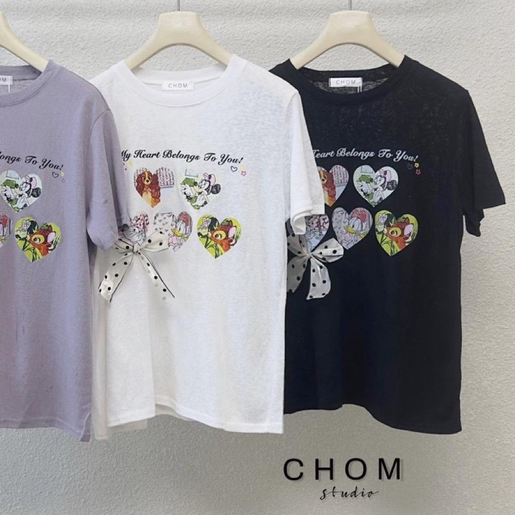 เสื้อยืดลายหัวใจแต่งโบว์ น่ารัก สไตล์เกาหลี CH11 ผ้าสลาฟบางใส่สบาย