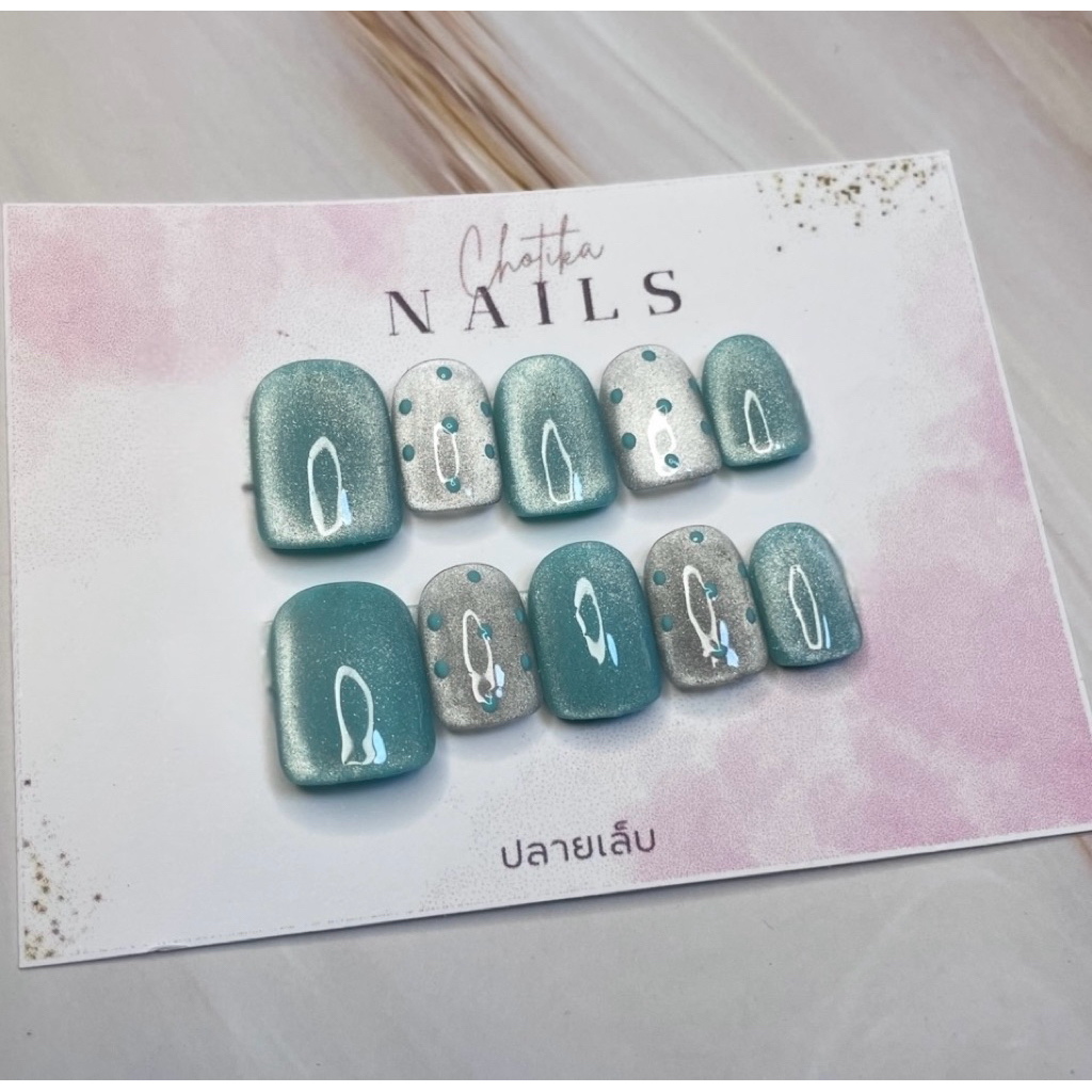 [เล็บปลอม] 24สีลูกเเก้วฟ้าลายจุด เล็บปลอมพร้อมติด งานเจลเเท้100%ทุกขั้นตอน (ฟรีกาว+ตะไบ)
