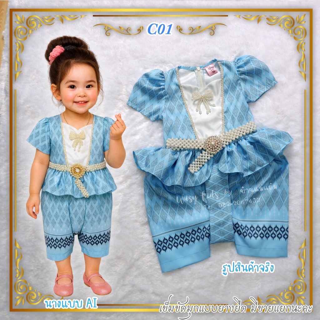 C01 ชุดโจงกระเบน สีฟ้า พร้อมส่ง