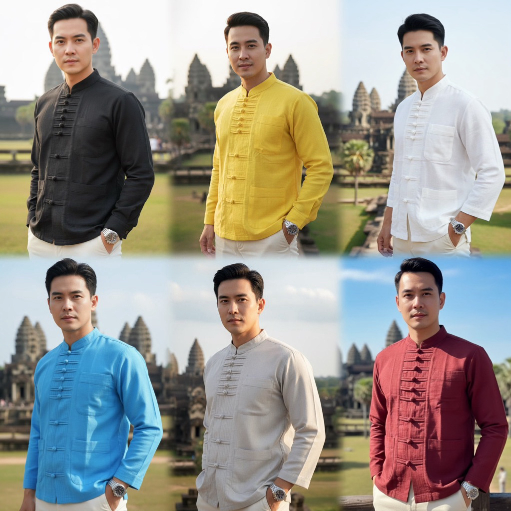 เสื้อพื้นเมืองผู้ชายคอจีน กระดุมผ้าตระกร้อ9เม็ดแขนยาว