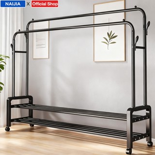 🔥[ขาว/ดำ] ราวแขวนผ้าบาร์คู่ ราวตากผ้า มีตะขอแขวน+ชั้นวางรองเ…