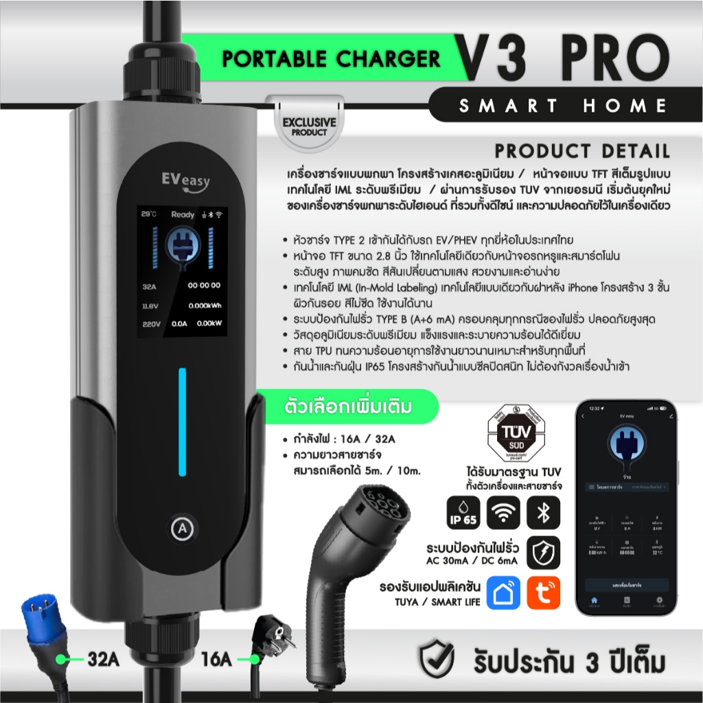 เครื่องชาร์จรถEVแบบพกพา  EV Easy V3 PRO – Portable Smart Home Charger พร้อมส่งจากไทย ฟรีค่าจัดส่ง