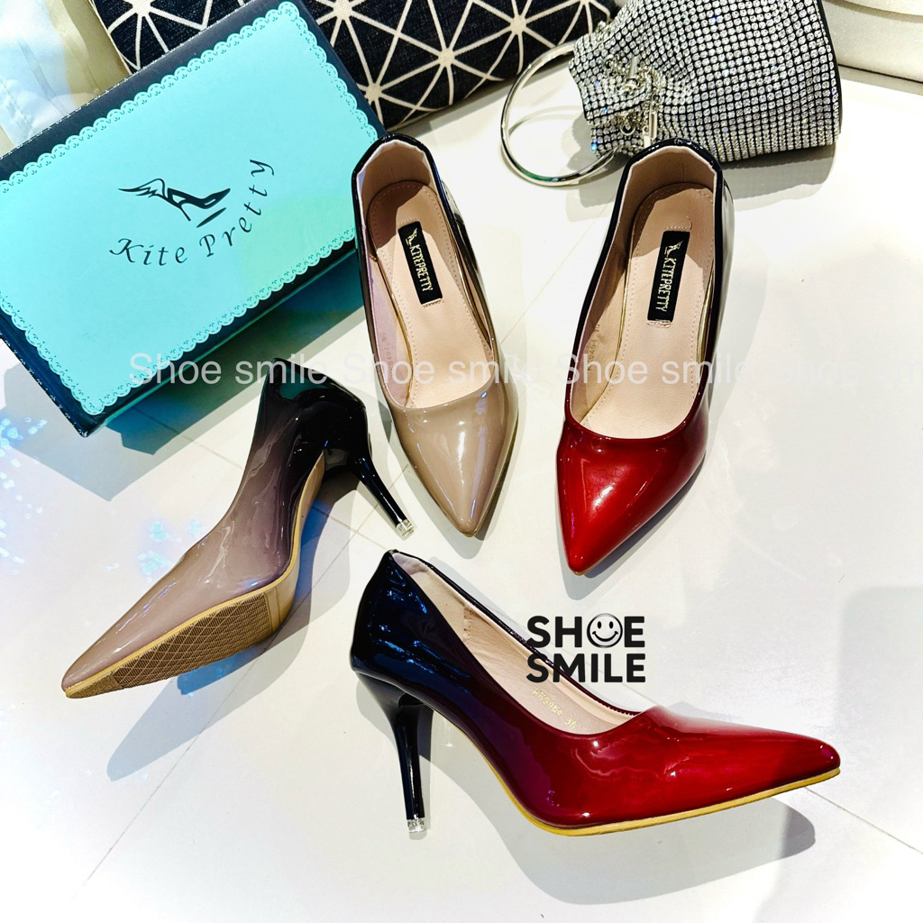 อยู่ไทยส่งไว/ขนาดปกติ/สูง 3นิ้ว/Shoe smileคัชชูหนังแก้วทูโทนส้นเข็มKK9464 มีกล่อง