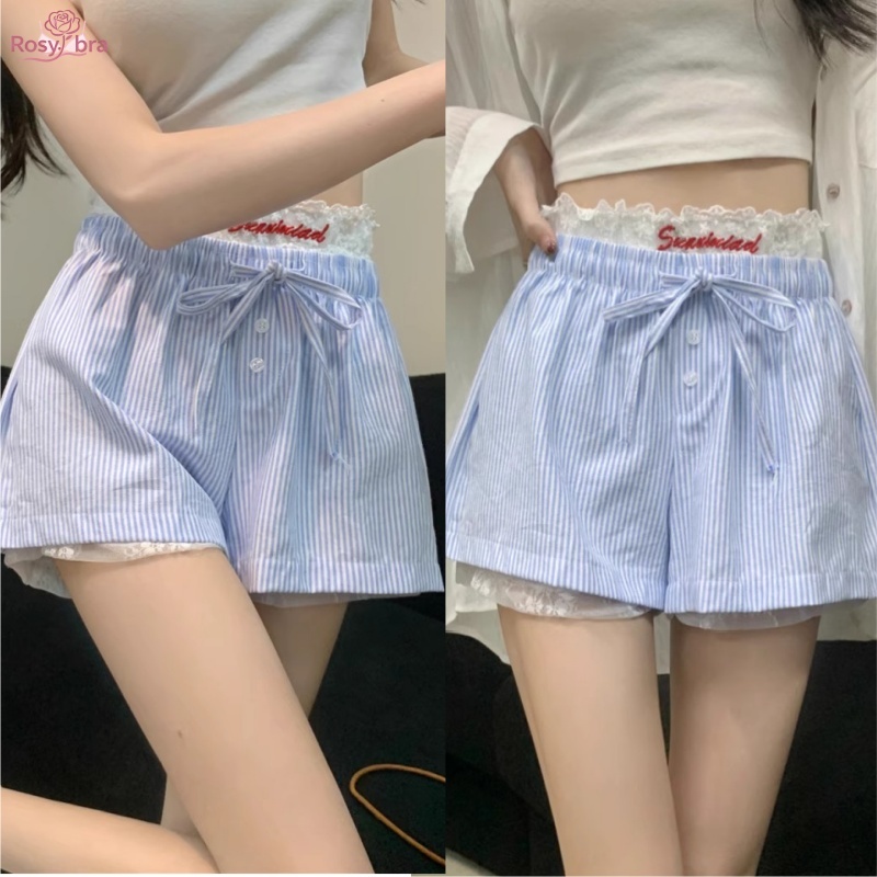 💙Rosy Bra💙กางเกงขาสั้น ปักลูกไม้ แต่งกระดุม แถบ เอวยางยืด ผ้ายืดหยุ่น แฟชั่น ใหม่
