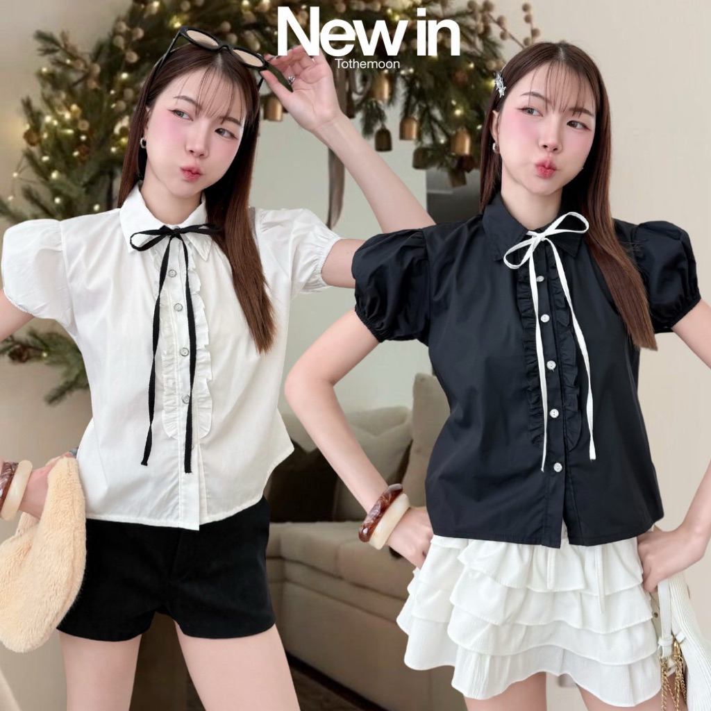 Tothemoon เสื้อแขนพอง แต่งระบายกระดุม มีเชือกผูกแยกชิ้น