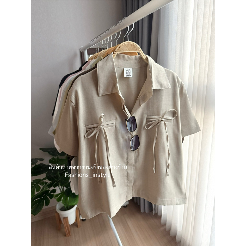[อก 44] เสื้อเชิ้ตผ้าคอตตอนผสมผูกโบว์กระเป๋าคู่ (JC8)