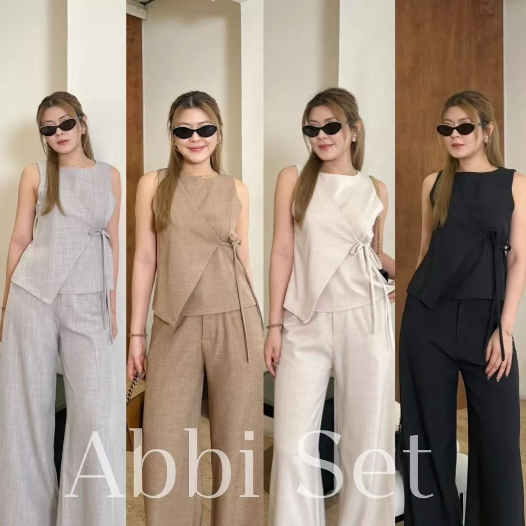 Abbi Set:: ชุดเซ็ทขายาว 5 สี ชุดเซ็ทขายาวเสื้อแขนกุดผูกอก แต่งผูกโบว์หน้า เรียบร้อย ทำงาน BETTY (B043)