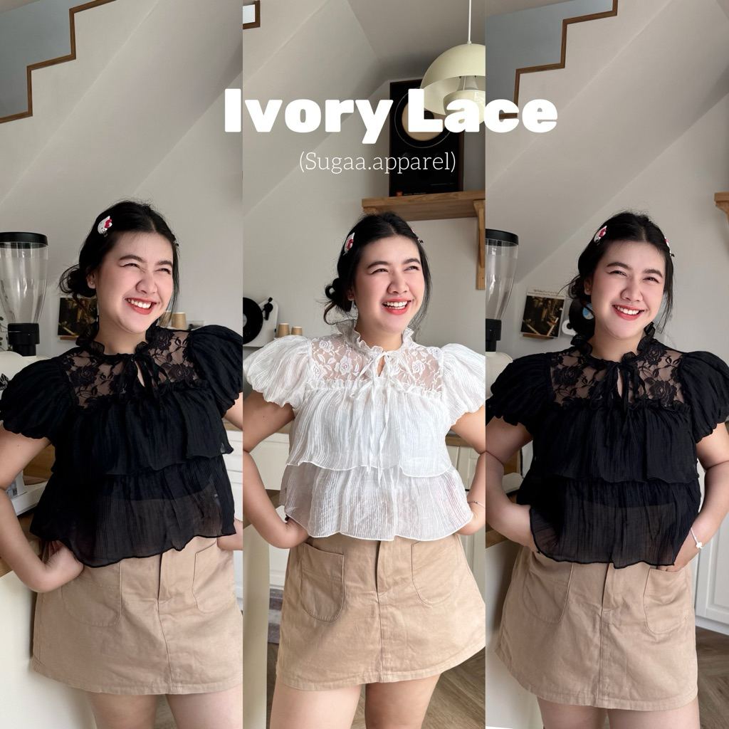Ivory Lace เสื้อดีเทลลายลูกไม้พองฟู ครอปแขนตุ๊กตา มีโบว์ผูก สาวอวบสุดคิ้วท์