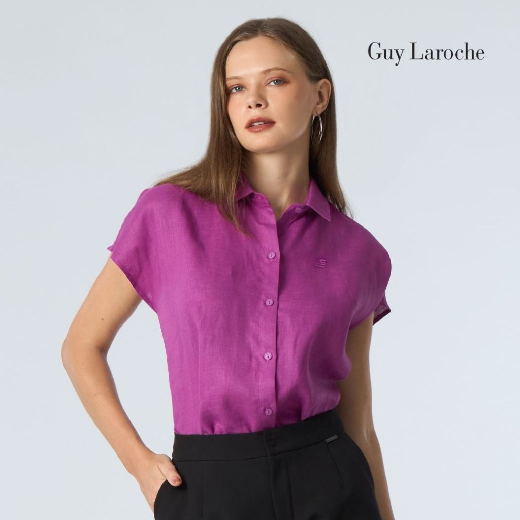 Guy Laroche เสื้อเชิ้ตผู้หญิง ไลท์ ลินิน แขนล้ำ สีม่วง G9U3WI