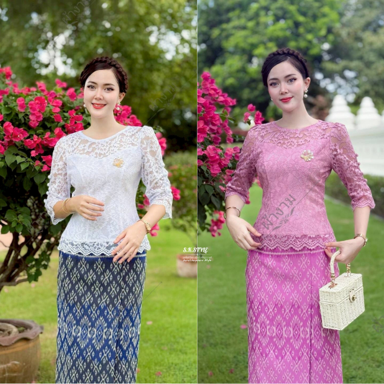 เสื้อลูกไม้ ใส่งานบุญ งานบุญ งานคอกลม แขนยาวศอก มีอก 32-44 นิ้ว อัดกาว งานเข้ารูปเข้าทรงสวยมาก